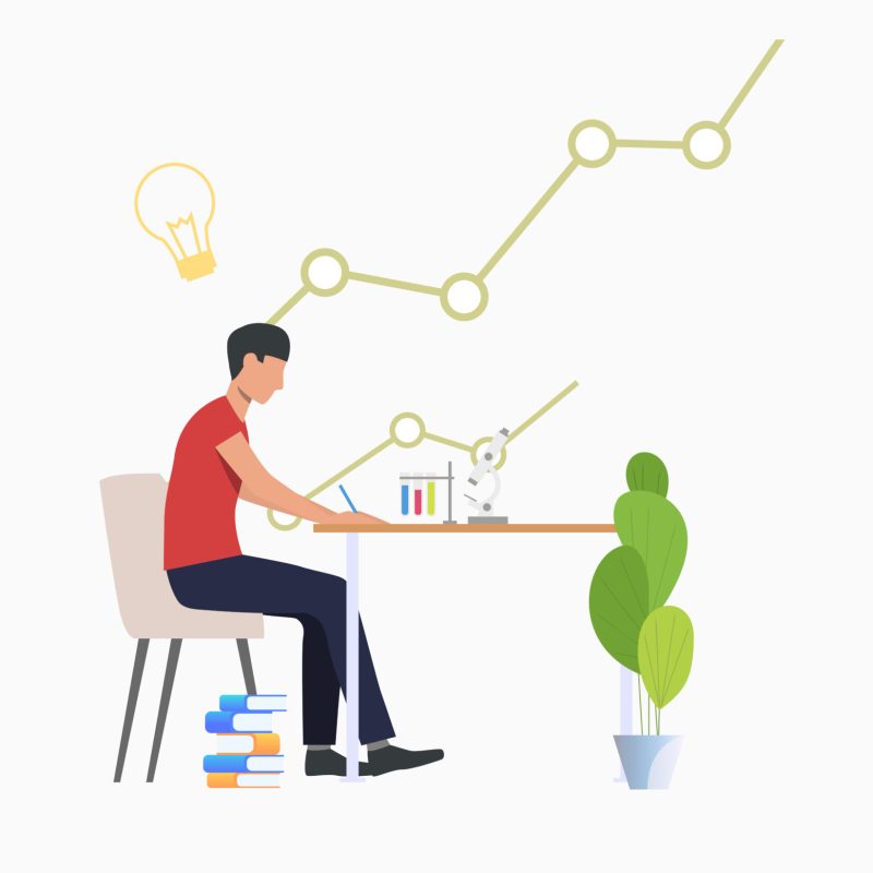 Student studying chemistry at desk Student studying chemistry at desk. University, graduation, information concept. Vector illustration can be used for topics like literature, knowledge, education